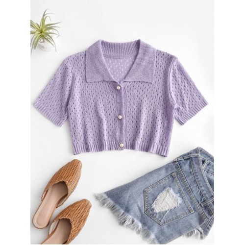 Eyelet Pearly Button Up Knitted Top