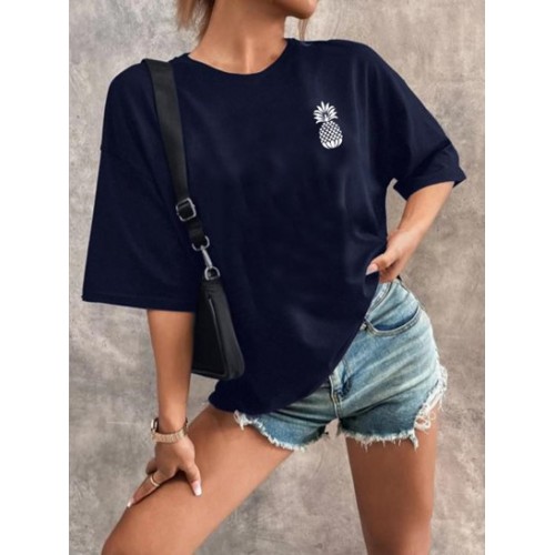 Pineapple Print Drop Shoulder Loose T Shirt