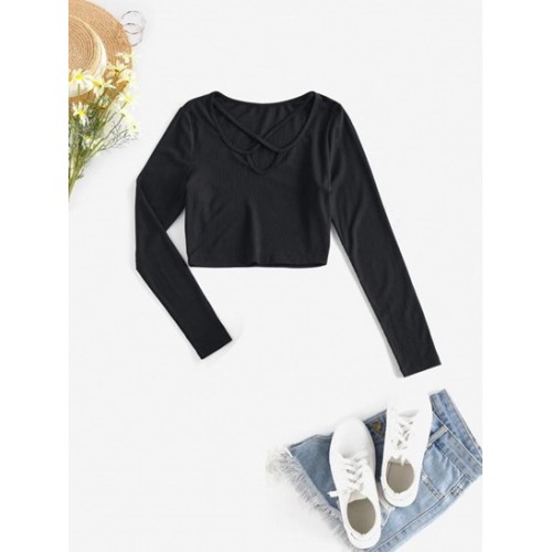 Ribbed Criss Cross Slim Crop Tee