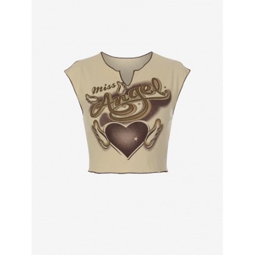 Heart Wing Angle Print Slit V Notched Crop Ringer ...