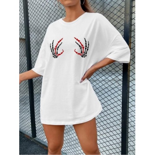 Halloween Skeleton Hand Print Drop Shoulder T Shir...