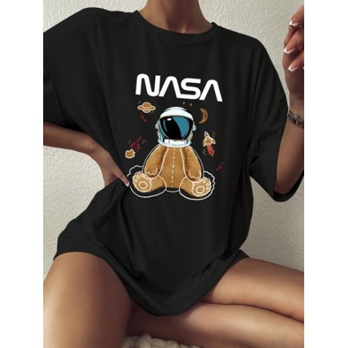 Planet Astronaut Bear Print Drop Shoulder T Shirt