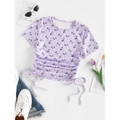 Floral Ribbed Cinched Tie Baby Tee
