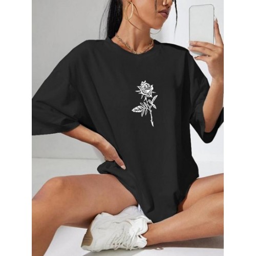 Drop Shoulder Rose Print T Shirt
