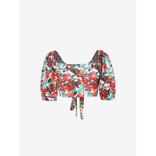 Floral Puff Sleeve Tie Front Cropped Blouse