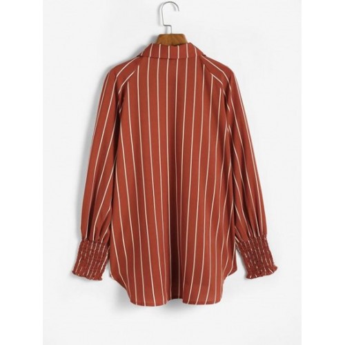 Stripes Shirred Sleeve Tie Button Down Shirt