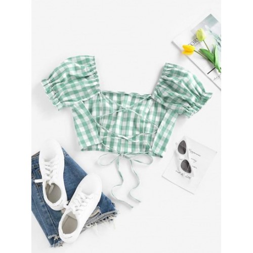 Gingham Puff Sleeve Backless Lace Up Blouse