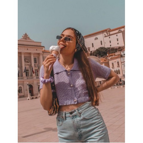 Eyelet Pearly Button Up Knitted Top