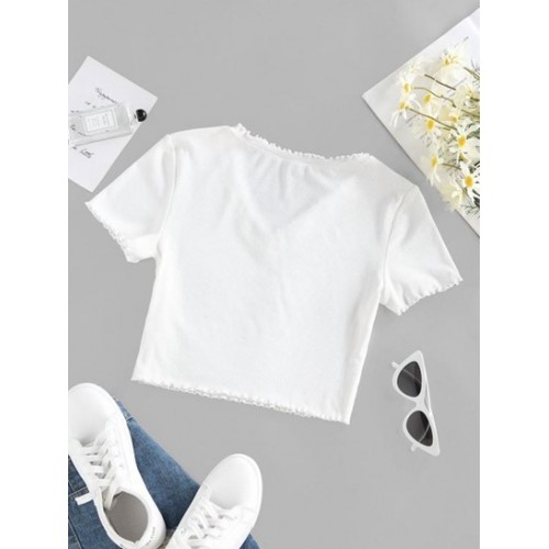 Ribbed Lettuce Trim V Neck T Shirt