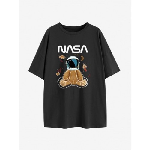 Planet Astronaut Bear Print Drop Shoulder T Shirt