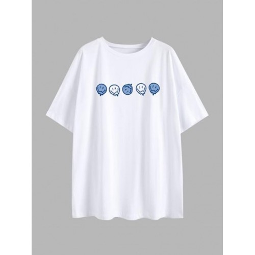 Positive Smiling Face Print Drop Shoulder T Shirt