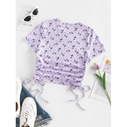Floral Ribbed Cinched Tie Baby Tee