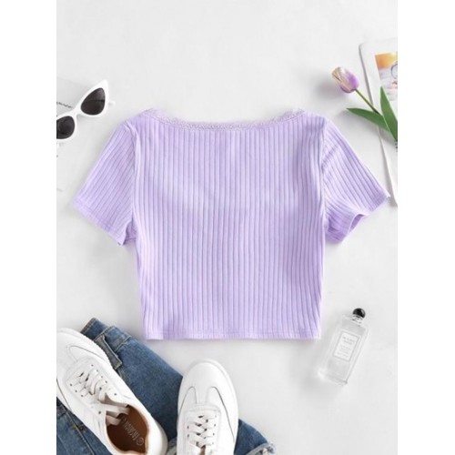 Ribbed Lace Insert Mock Button T Shirt