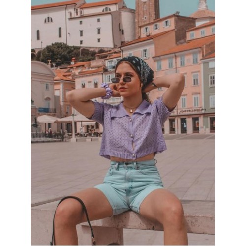 Eyelet Pearly Button Up Knitted Top