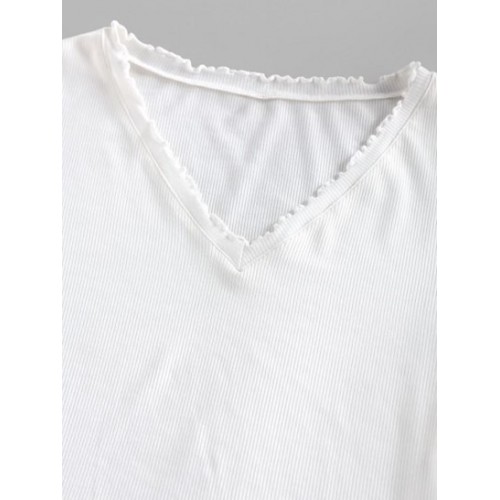 Ribbed Lettuce Trim V Neck T Shirt