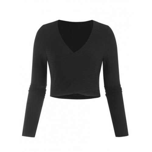 Ribbed Knit Surplice Slim Crop Tee