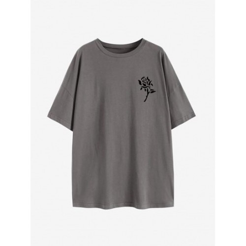Drop Shoulder Rose Print T Shirt