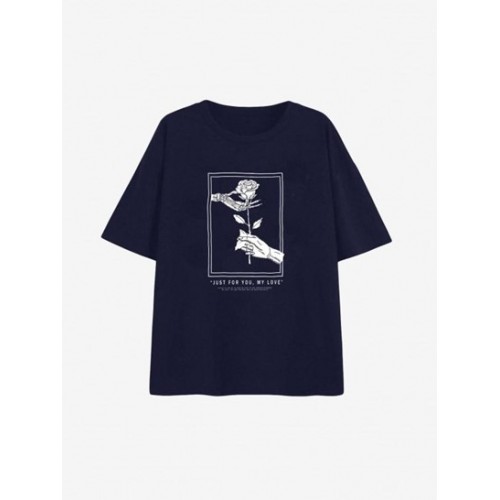 Skeleton Hand Rose Print Drop Shoulder T Shirt