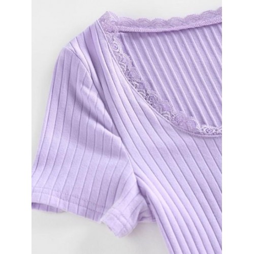 Ribbed Lace Insert Mock Button T Shirt