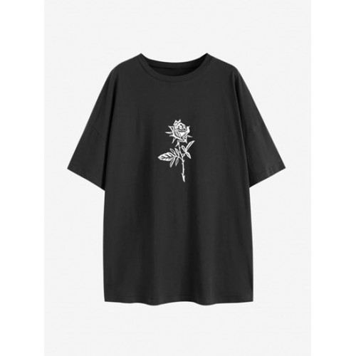Drop Shoulder Rose Print T Shirt