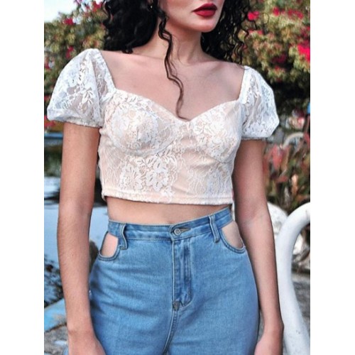 Lace Insert Puff Sleeve Crop Corset Top