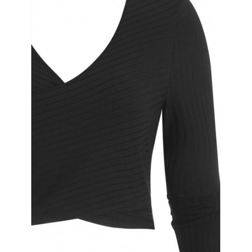 Ribbed Knit Surplice Slim Crop Tee