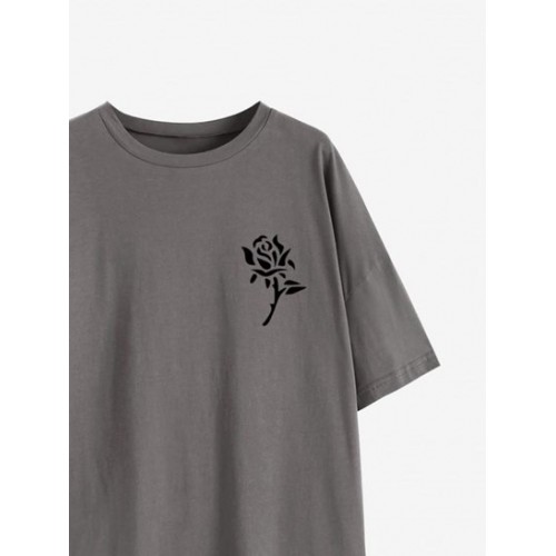 Drop Shoulder Rose Print T Shirt