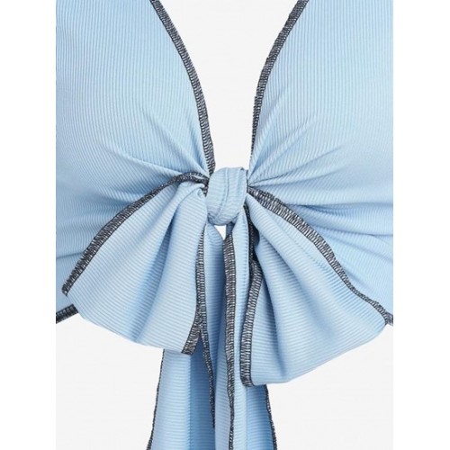 Ribbed Topstitching Tie Front Crop T Shirt