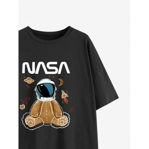 Planet Astronaut Bear Print Drop Shoulder T Shirt