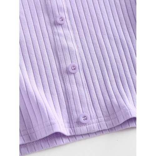 Ribbed Lace Insert Mock Button T Shirt