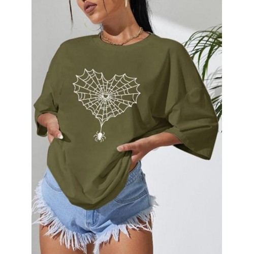 Halloween Spider Web Spider Print Drop Shoulder T Shirt