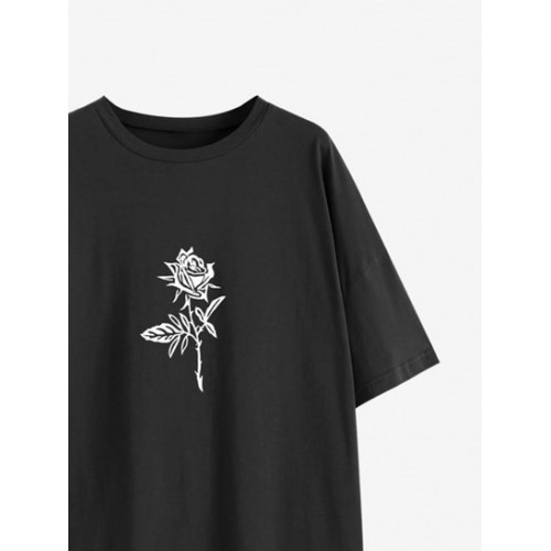 Drop Shoulder Rose Print T Shirt